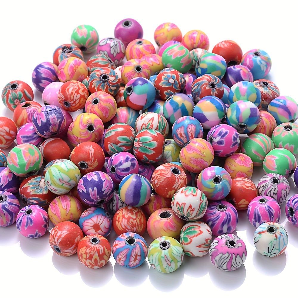 50PCS Mix Color Polymer Clay Flower Pattern Printing Beads Round Loose Spacer Beads for Jewelry Making DIY Bracelet Necklace Handmade Accessories