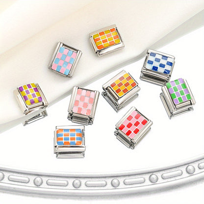 1pc 9x10mm Stainless Steel Checkerboard Module Charm Bead