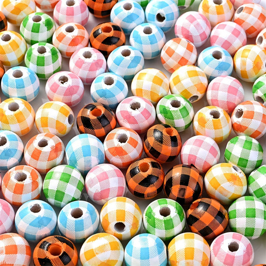 16mm 6-Color Buffalo Plaid Wooden Spacer Beads, 20pcs
