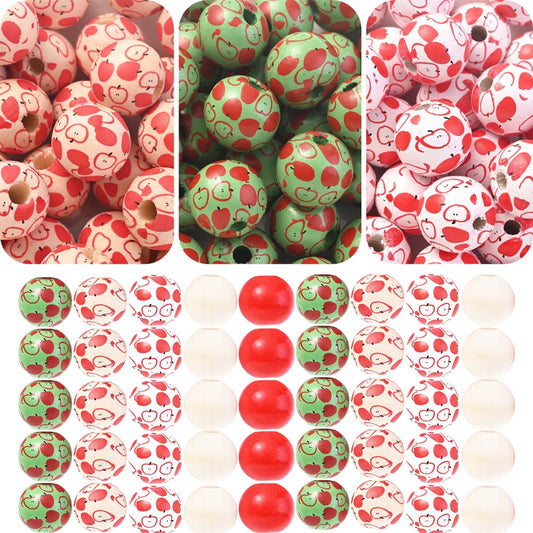 Red Apple Printed Wooden Craft Beads, 10pcs