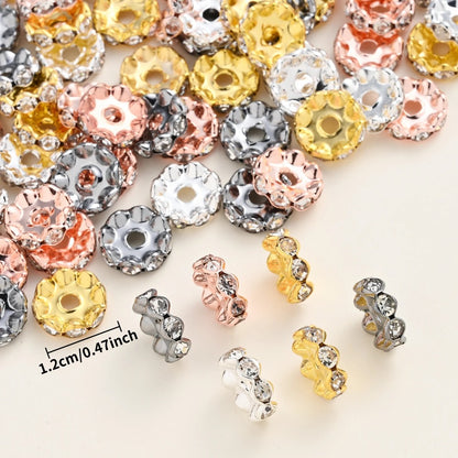 30/50pcs 12mm Wave Edge Metal Rhinestone Rondelle Beads