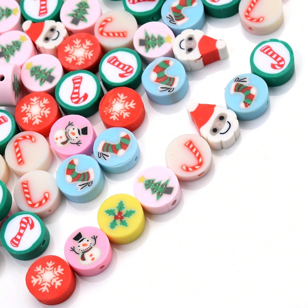 10mm Christmas Pattern Polymer Clay Spacer Beads, 50pcs