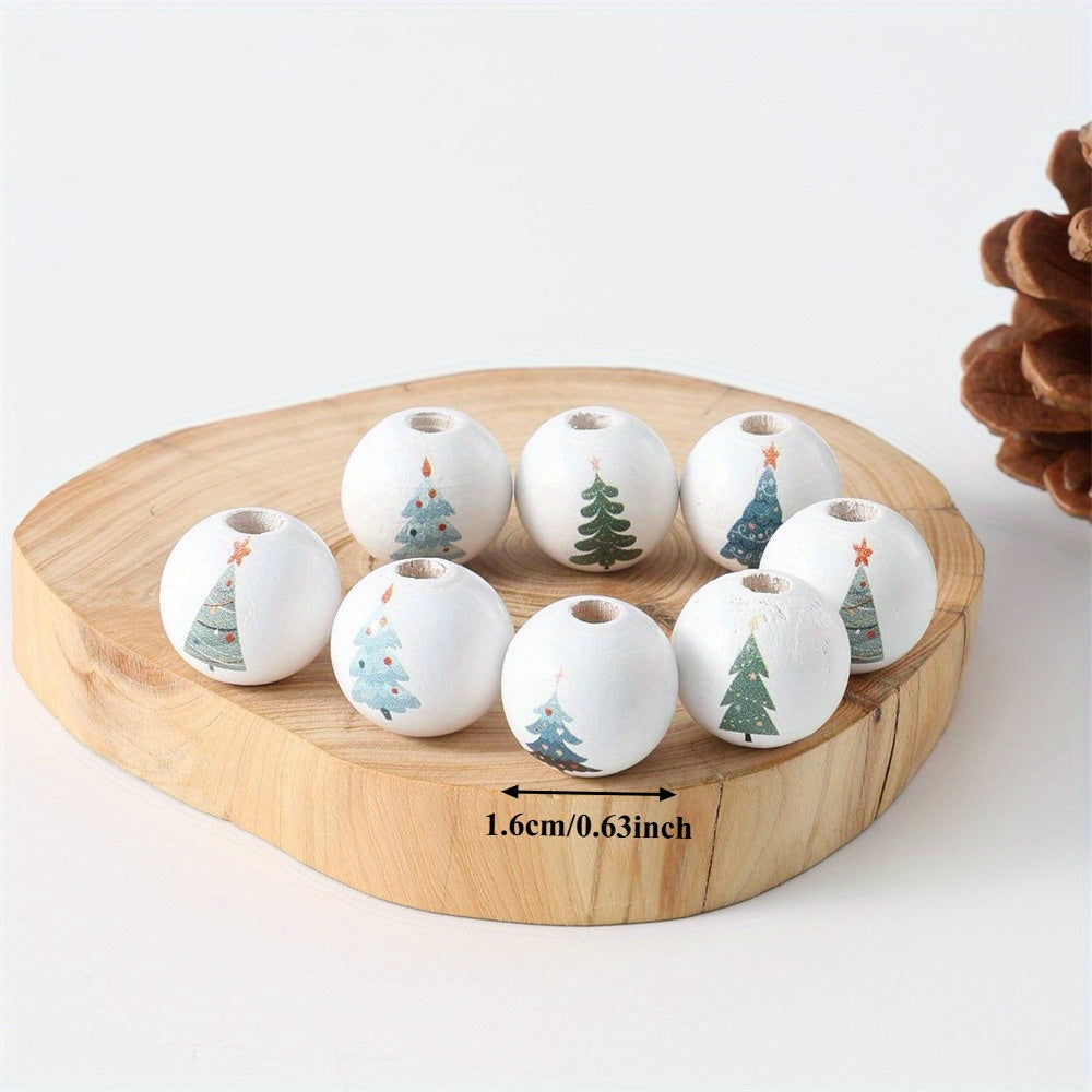 10pcs 16mm Christmas Tree Pattern Wooden Round Beads