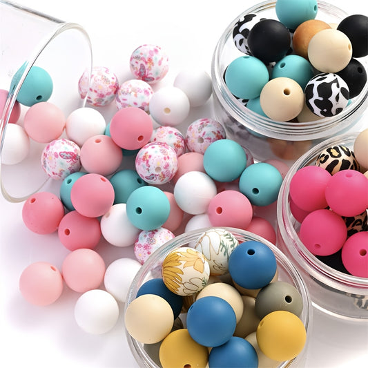 50pcs 15mm Assorted Print Silicone Round Beads