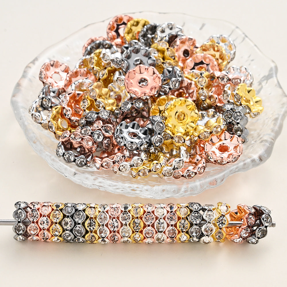 30/50pcs 12mm Wave Edge Metal Rhinestone Rondelle Beads
