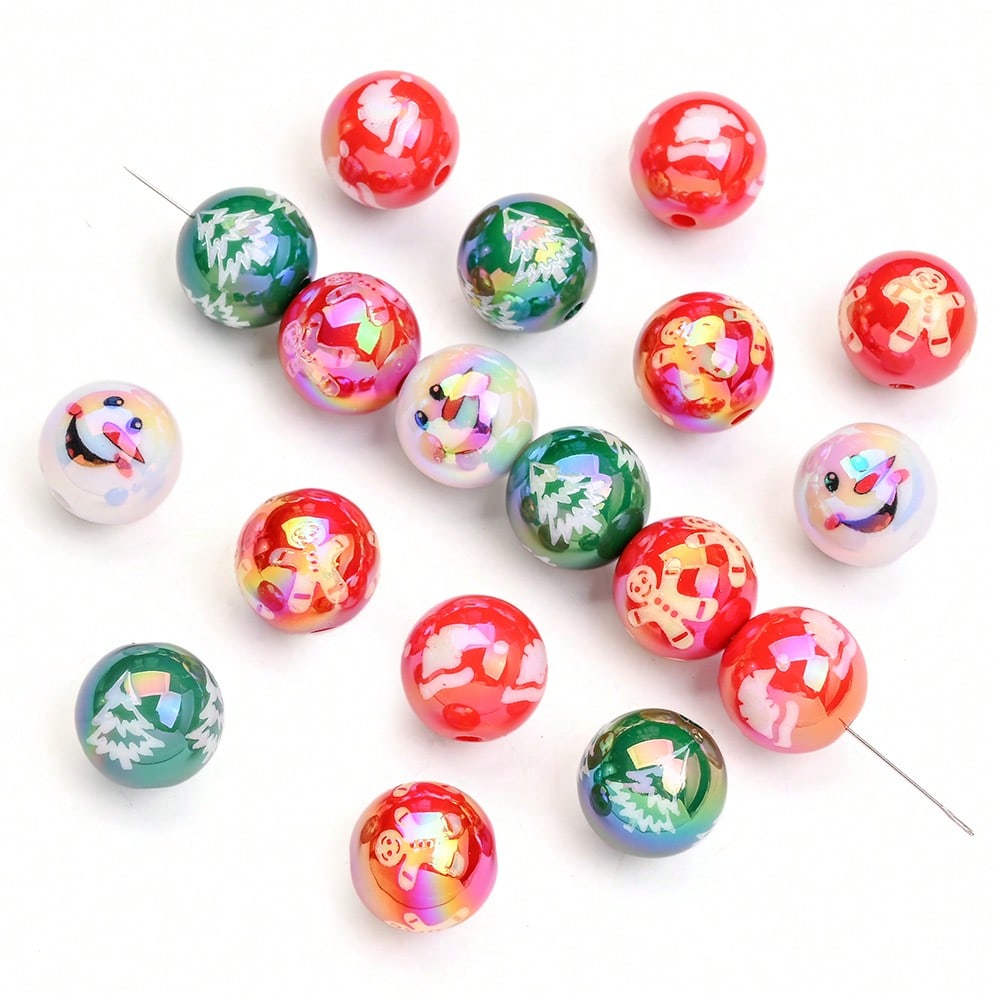 16mm Shiny UV Christmas Tree & Snowman Round Beads, 10pcs/Set