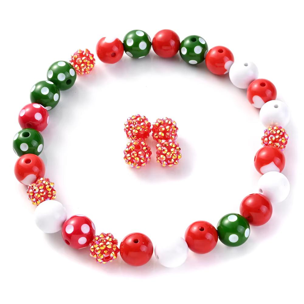 Christmas Polka Dot Rhinestone Acrylic Round Spacer Beads, 20pcs