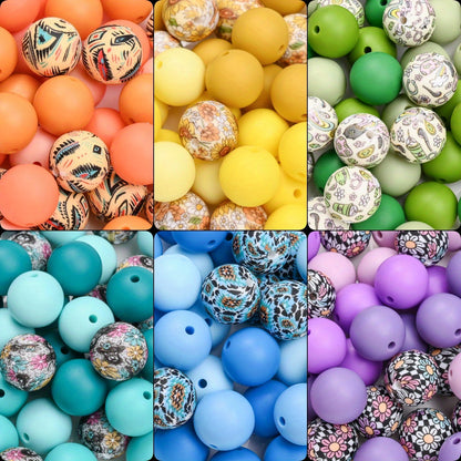 40pcs/set 15mm Colorful Round Silicone Flower Doodle Printed Beads