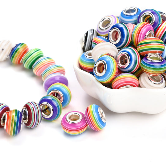 100pcs Rainbow Acrylic Big Hole Stripe Beads