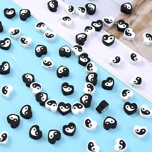 50pcs 8x9mm Black and White Heart Polymer Clay Beads