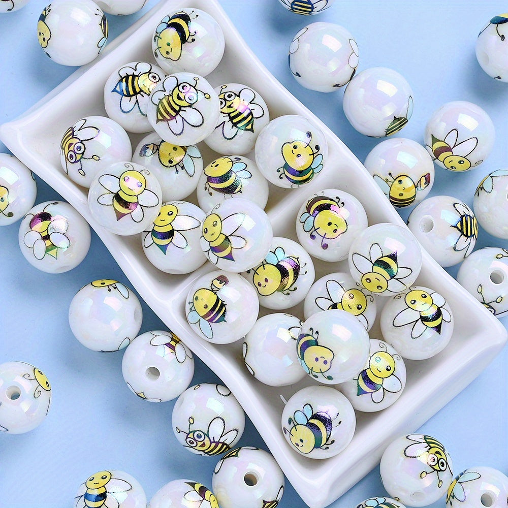 10pcs 16mm Shining Bee Print Acrylic Round Beads