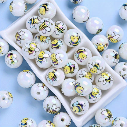 10pcs 16mm Shining Bee Print Acrylic Round Beads