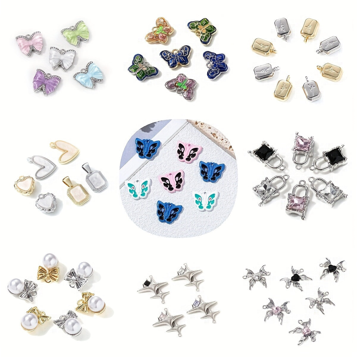 5pcs Alloy Butterfly Heart Lock Charm Pendants