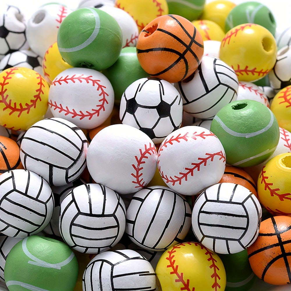 30PCS 16MM Wooden Beads Volleyball Soccer Basketball Tennis Baseball Round Loose Spacer Beads for Jewelry Making DIY Bracelet Necklace Earring Crafts Accessories