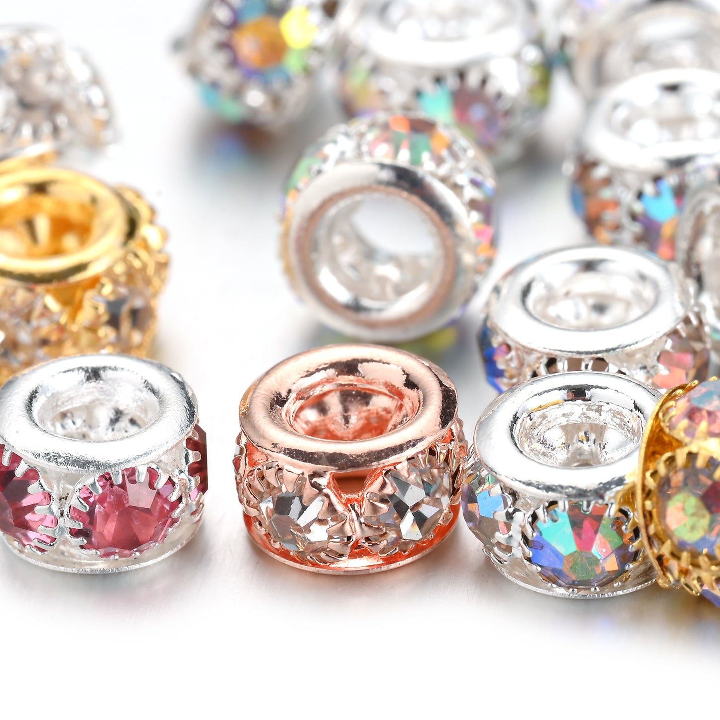 10pcs AB-Coated Large Hole Rhinestone Metal Spacer Beads