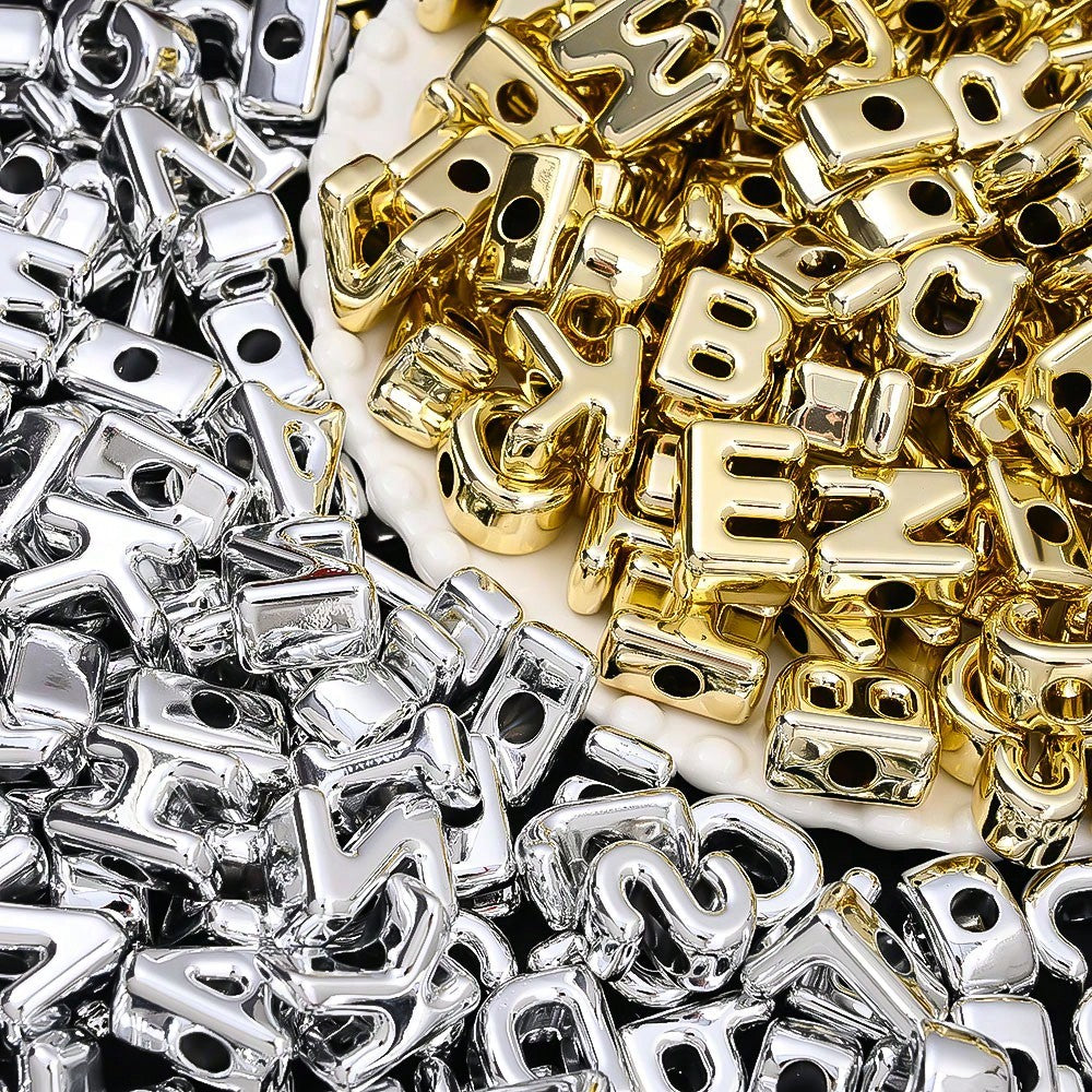 Golden / Silver Shiny CCB Big Hole Alphabet Beads, 10pcs