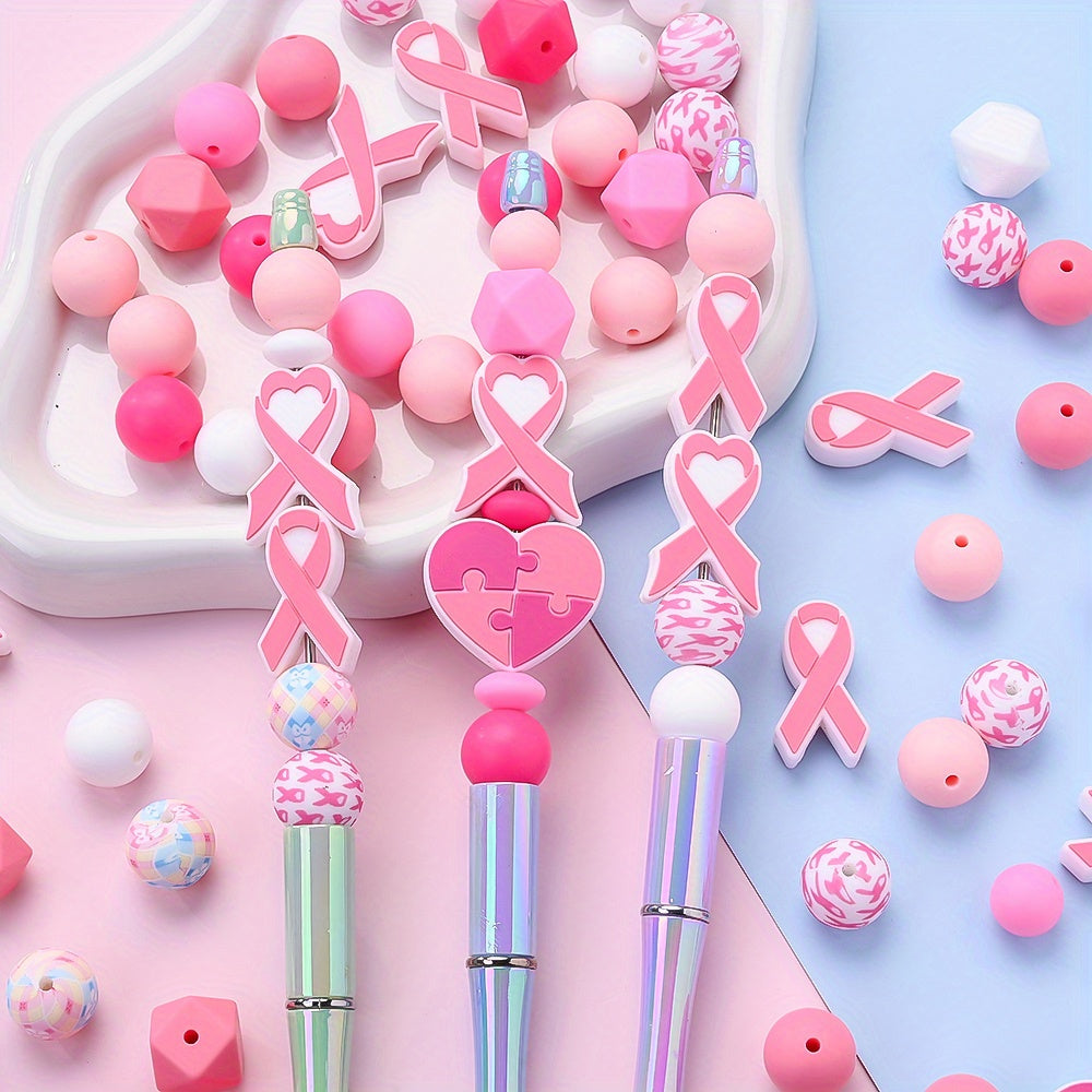 Pink Ribbon & Heart Silicone Beads Set