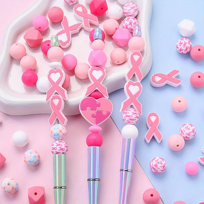 Pink Ribbon & Heart Silicone Beads Set