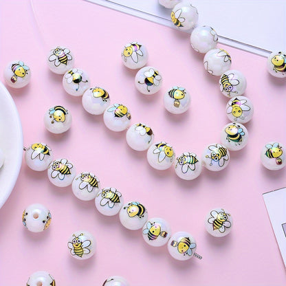 10pcs 16mm Shining Bee Print Acrylic Round Beads
