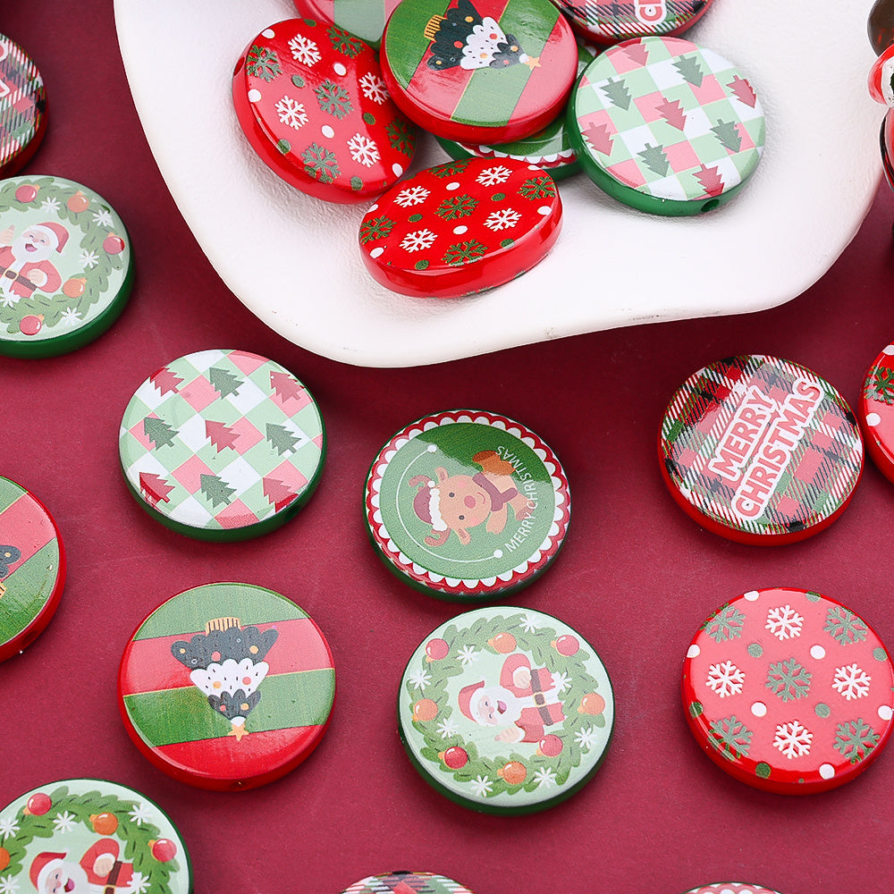 30mm Christmas Printed Flat Acrylic Spacer Beads, 10pcs