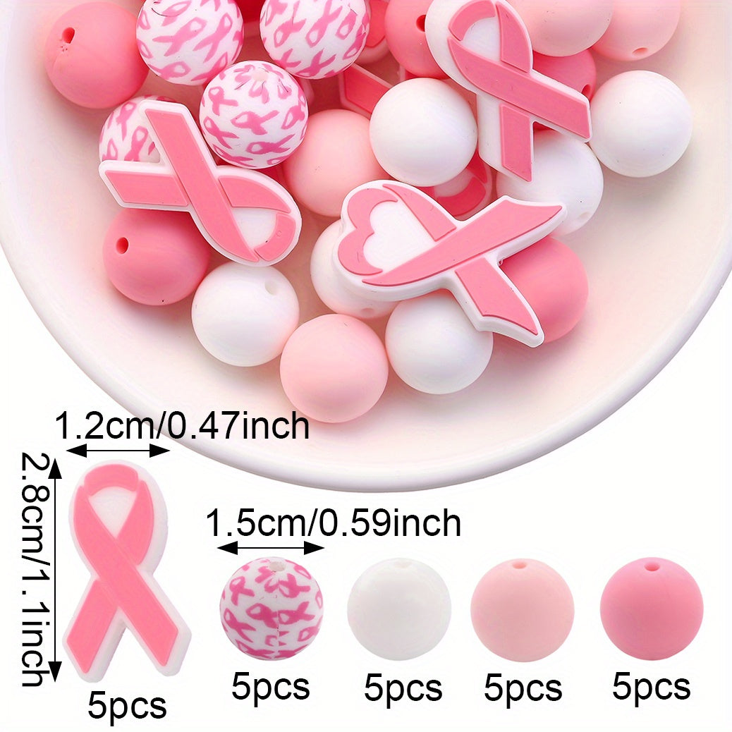 Pink Ribbon & Heart Silicone Beads Set