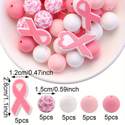 Pink Ribbon & Heart Silicone Beads Set