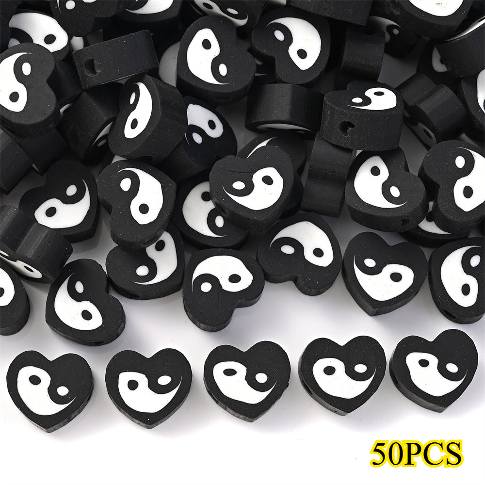50pcs 8x9mm Black and White Heart Polymer Clay Beads