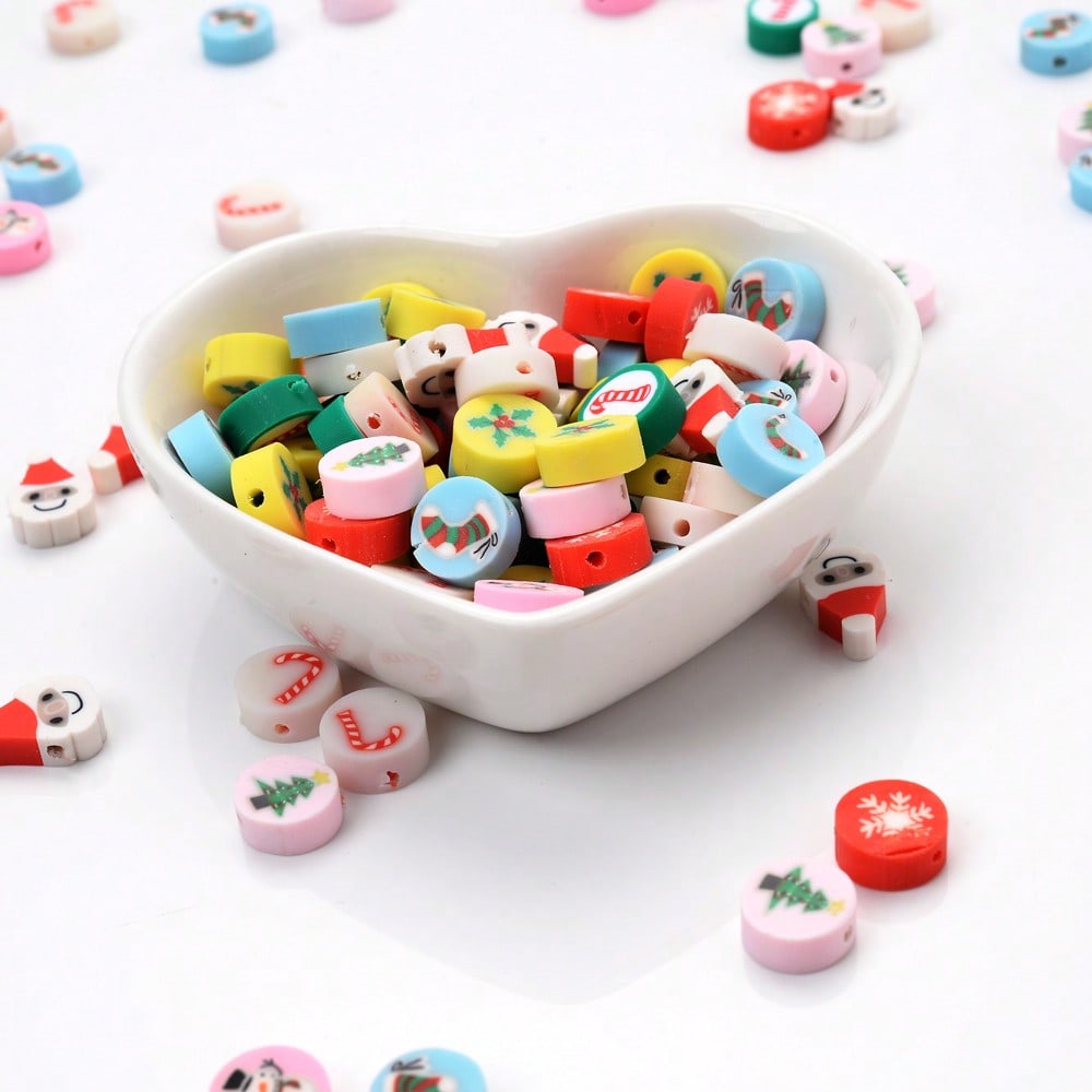 10mm Christmas Pattern Polymer Clay Spacer Beads, 50pcs