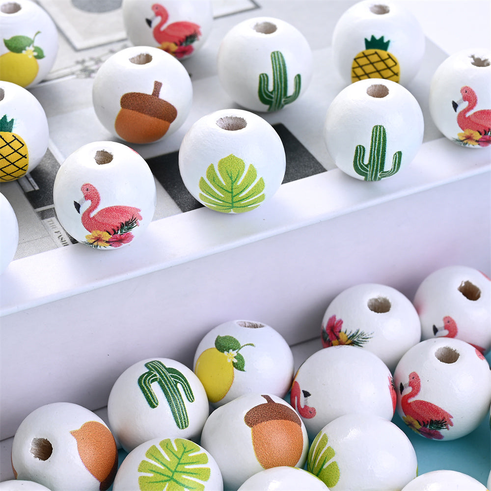 16mm Fruit-Themed Printed Wooden Beads, 10pcs