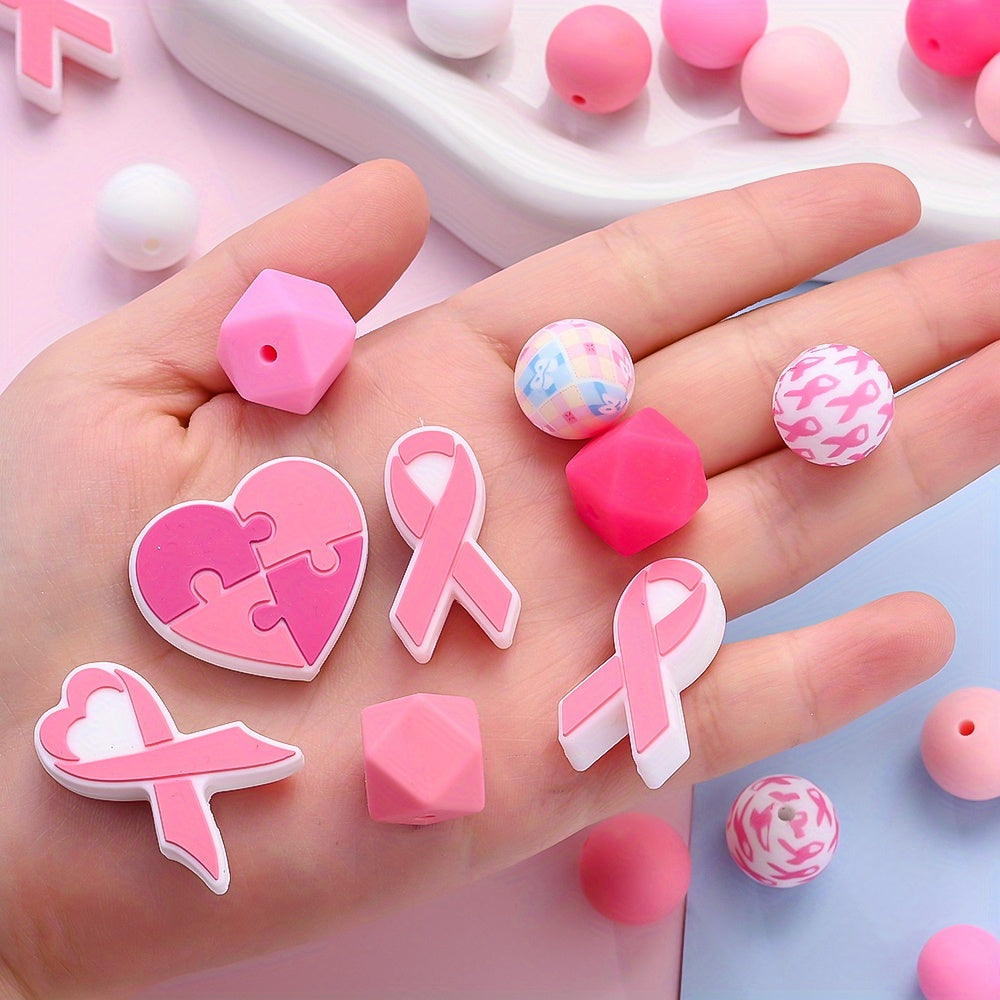 Pink Ribbon & Heart Silicone Beads Set