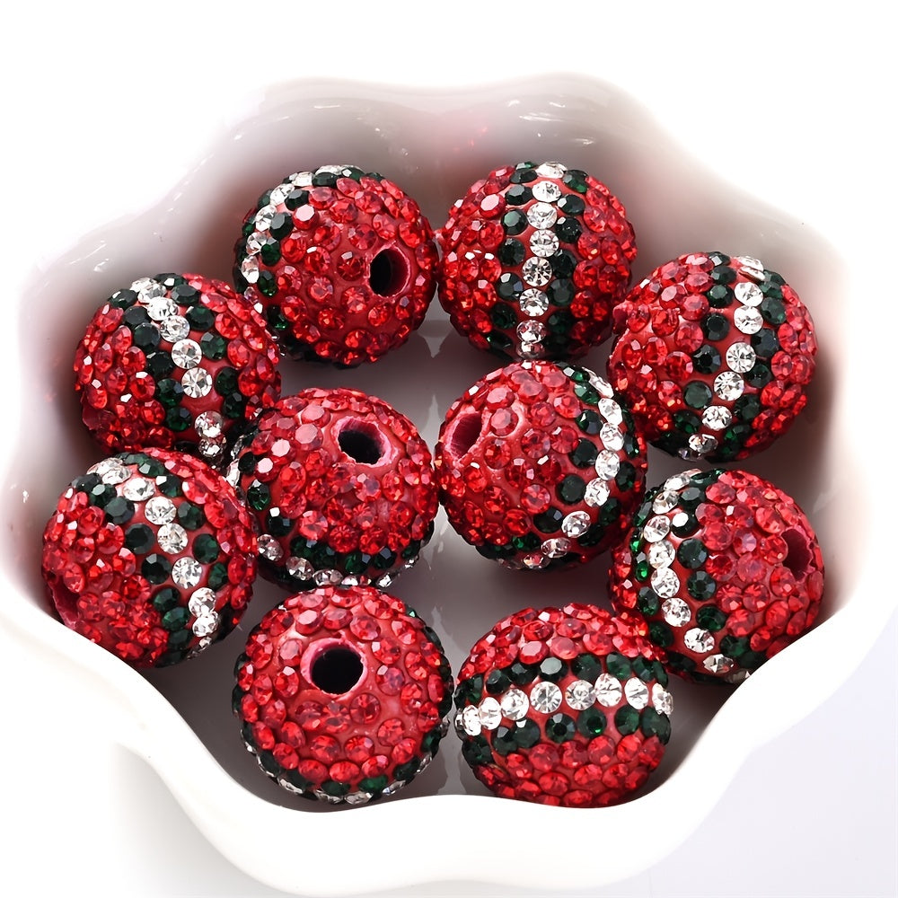 10pcs Rhinestone Red Stripe Acrylic Round Beads