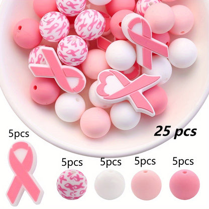 Pink Ribbon & Heart Silicone Beads Set