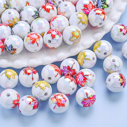 16mm Maple Leaf Printed Acrylic Round Beads