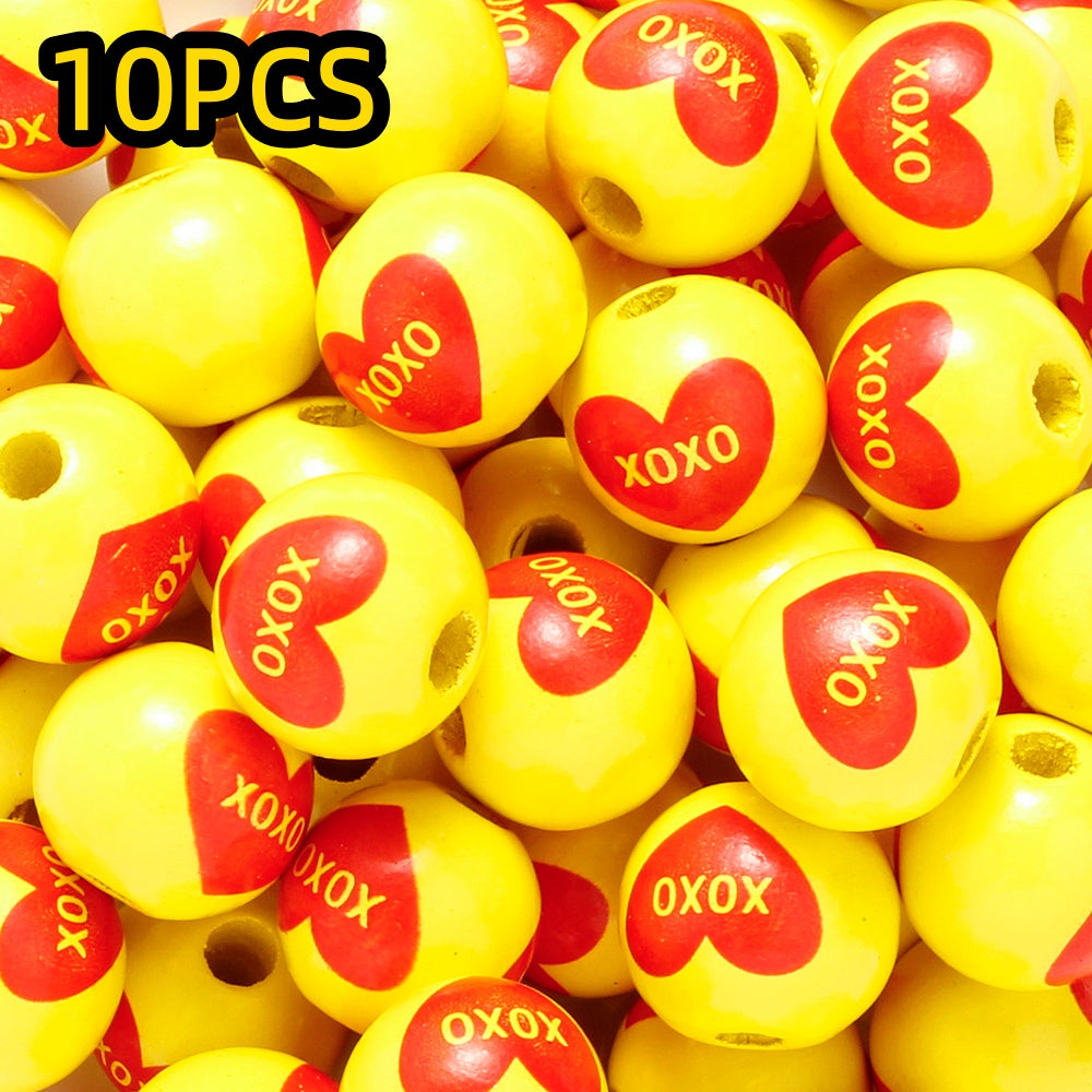 10pcs/set 16mm Heart-Shaped Printed Wooden Beads