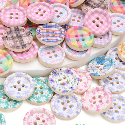 10pcs 20mm Wooden Plaid Printed Buttons