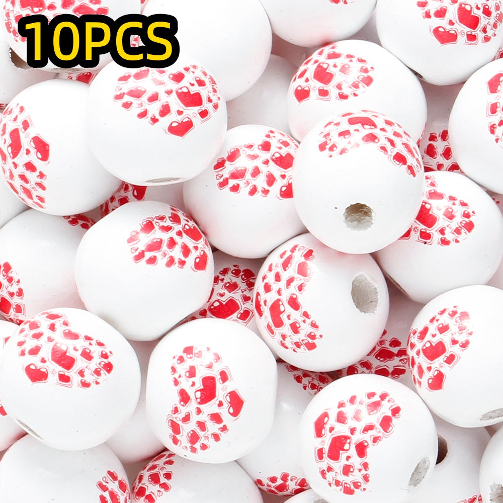 10pcs/set 16mm Heart-Shaped Printed Wooden Beads