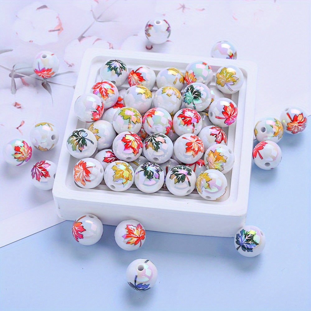 16mm Maple Leaf Printed Acrylic Round Beads