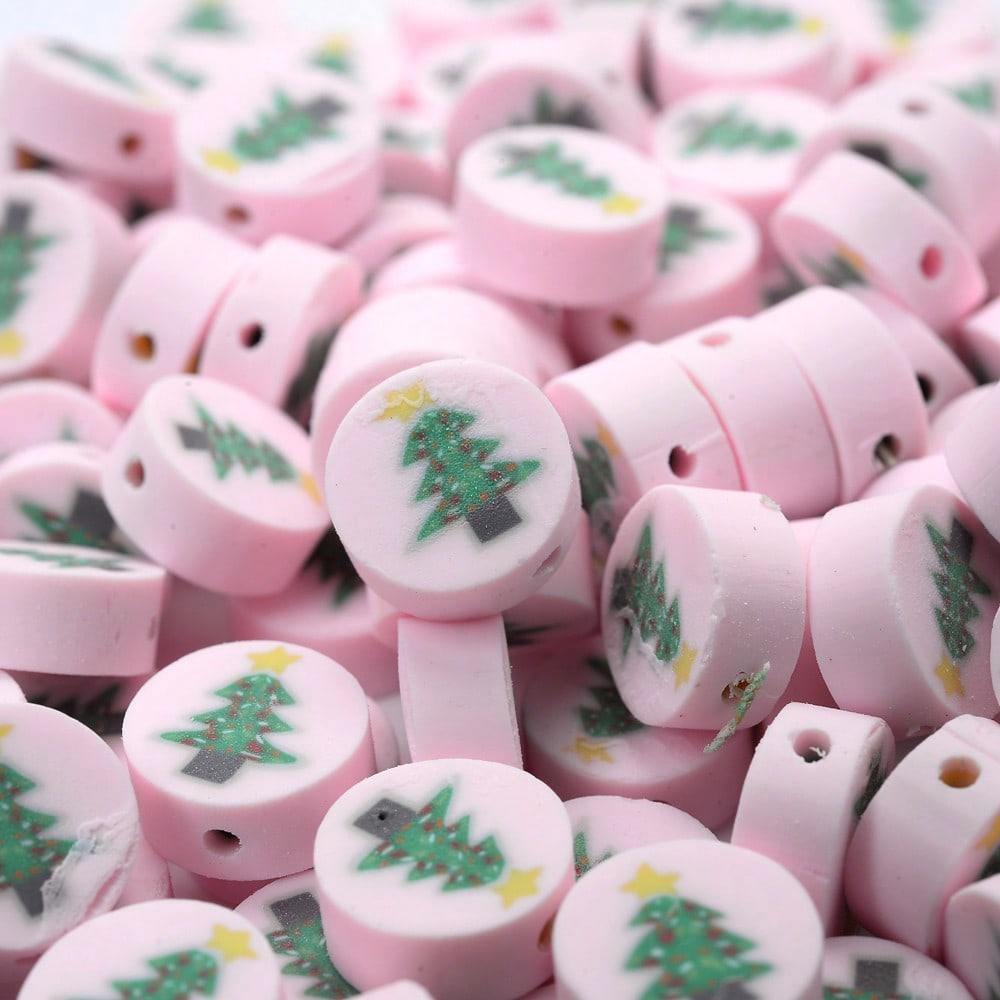 10mm Christmas Pattern Polymer Clay Spacer Beads, 50pcs