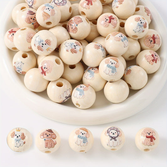 10pcs 16mm Dog Printed Wooden Beads