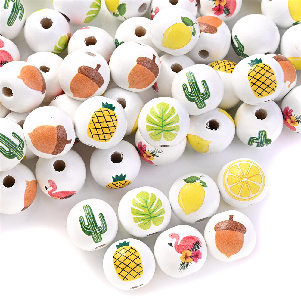 16mm Fruit-Themed Printed Wooden Beads, 10pcs