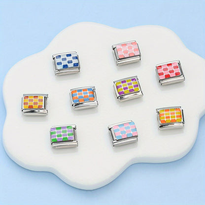 1pc 9x10mm Stainless Steel Checkerboard Module Charm Bead
