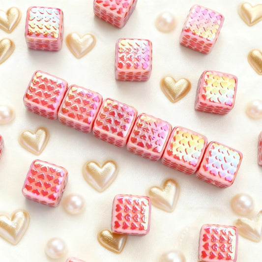 5pcs/set 15mm Heart-Print Acrylic Cube Beads