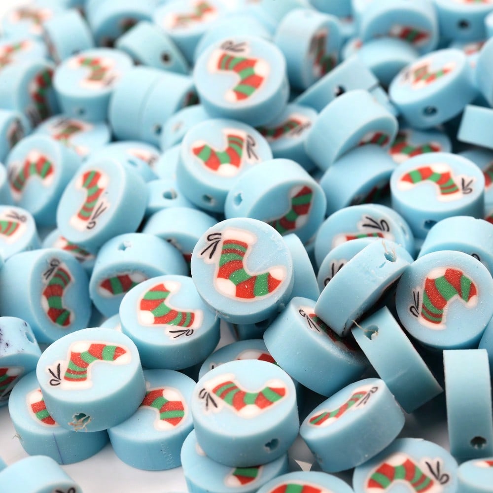 10mm Christmas Pattern Polymer Clay Spacer Beads, 50pcs