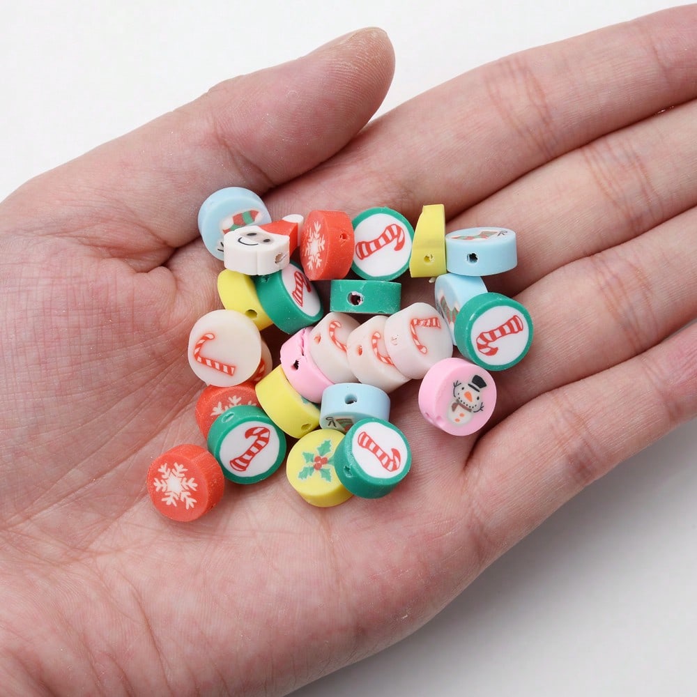 10mm Christmas Pattern Polymer Clay Spacer Beads, 50pcs
