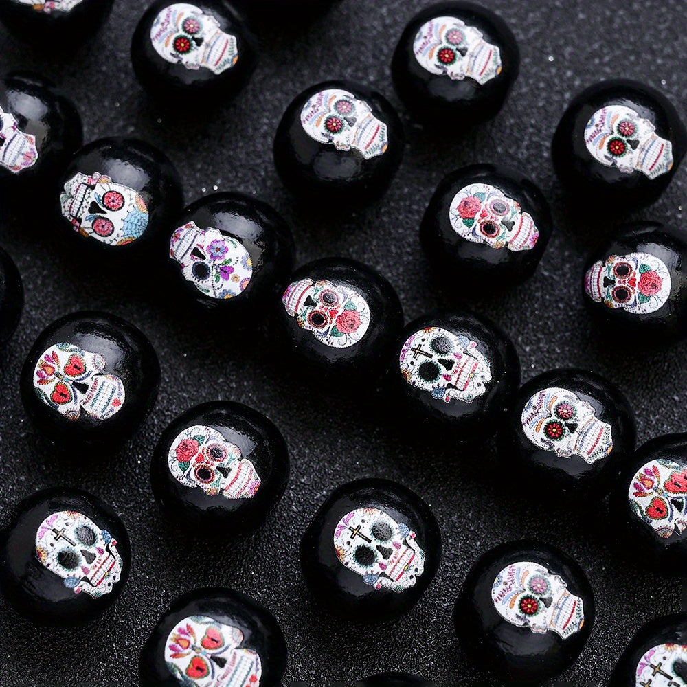 Halloween Skull Pattern Wooden Beads