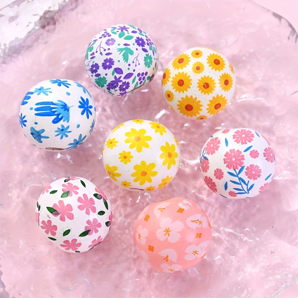 Transparent Flower Print Resin Big Hole Spacer Beads