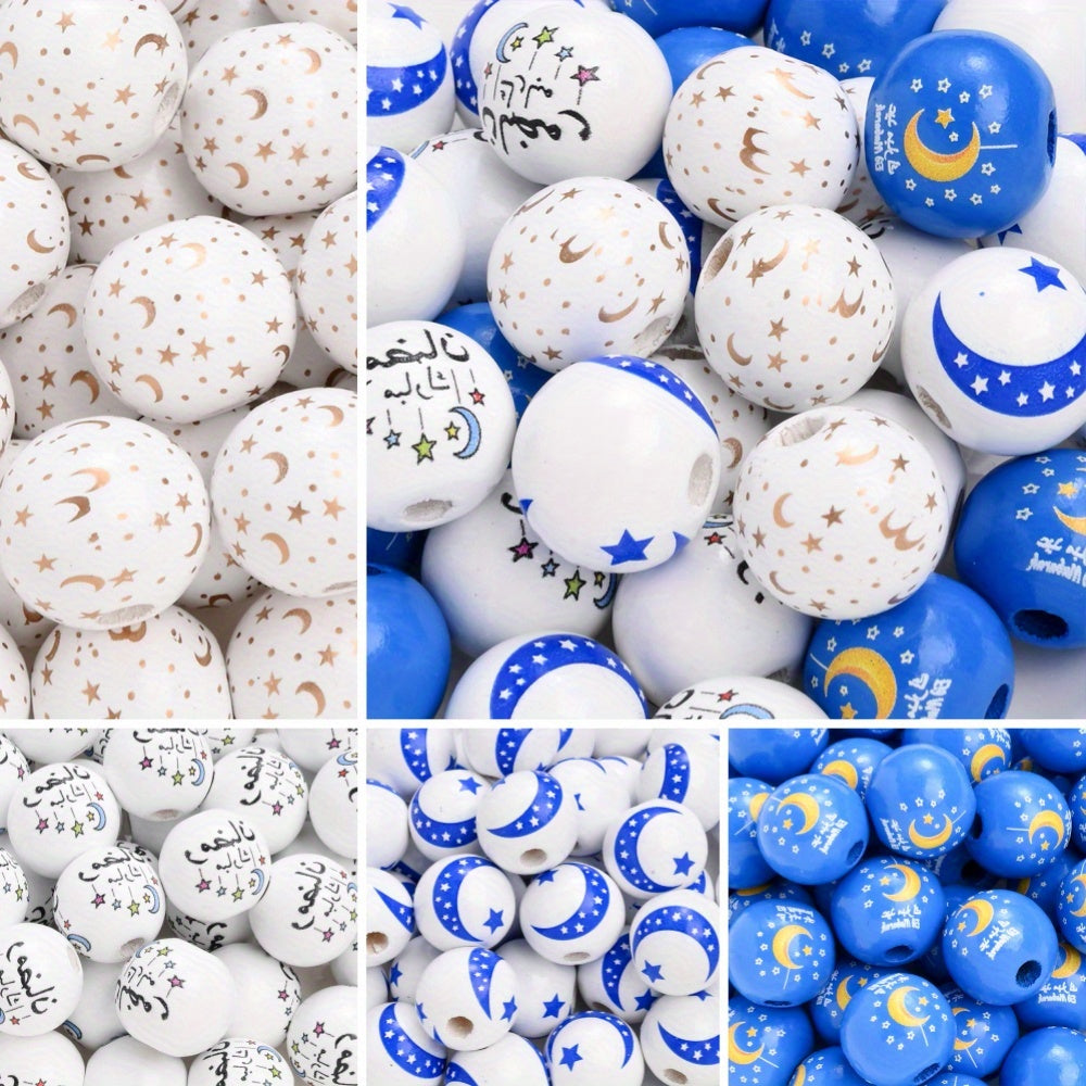 10pcs 16mm Star Moon Pattern Wooden Round Beads