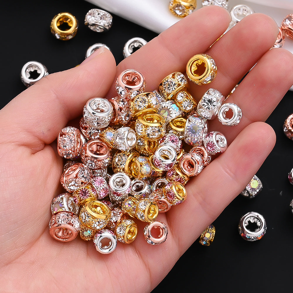 10pcs AB-Coated Large Hole Rhinestone Metal Spacer Beads