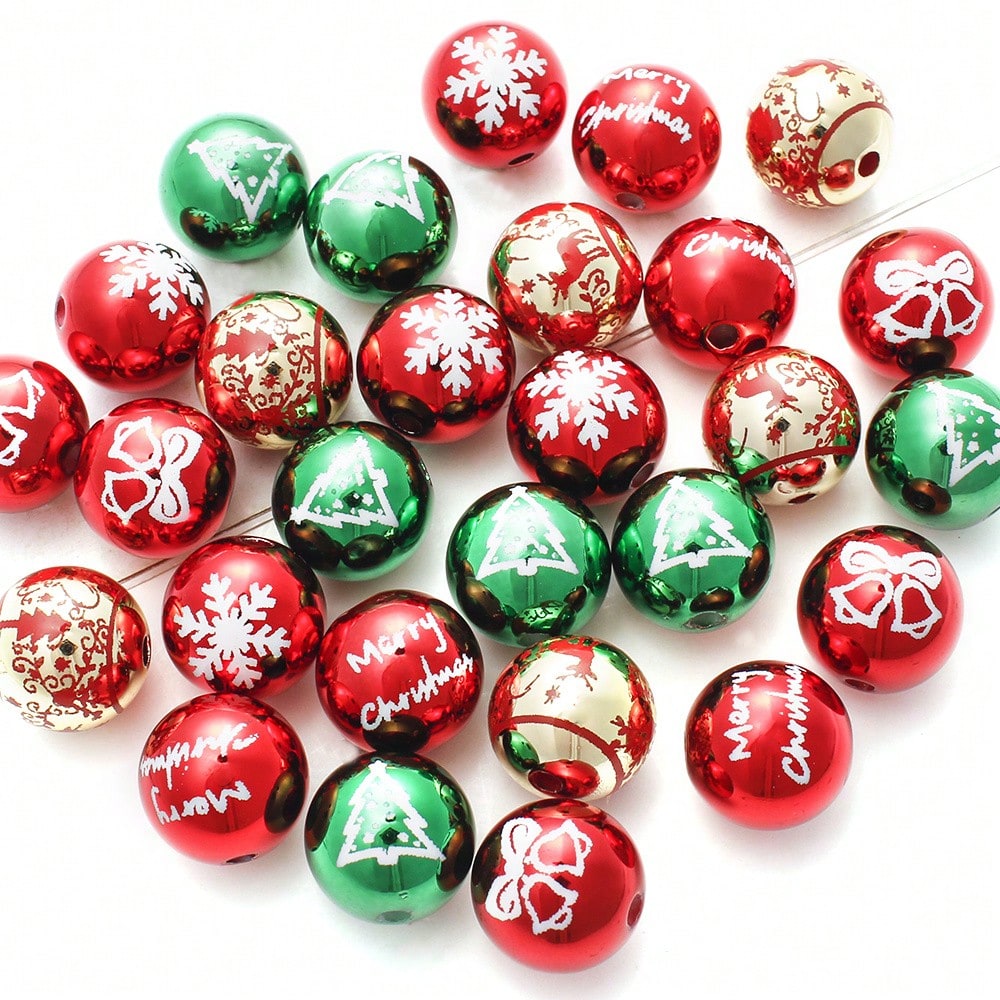 Golden Laser-Engraved Christmas Round Focal Beads, 10pcs