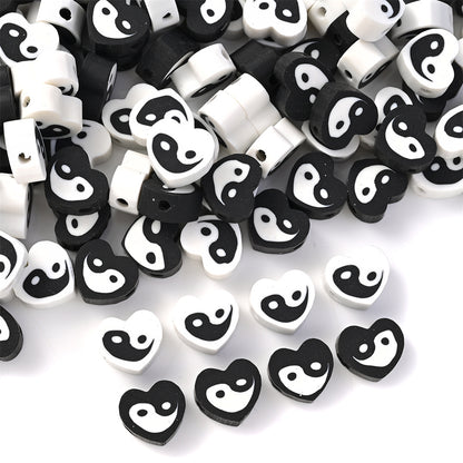 50pcs 8x9mm Black and White Heart Polymer Clay Beads